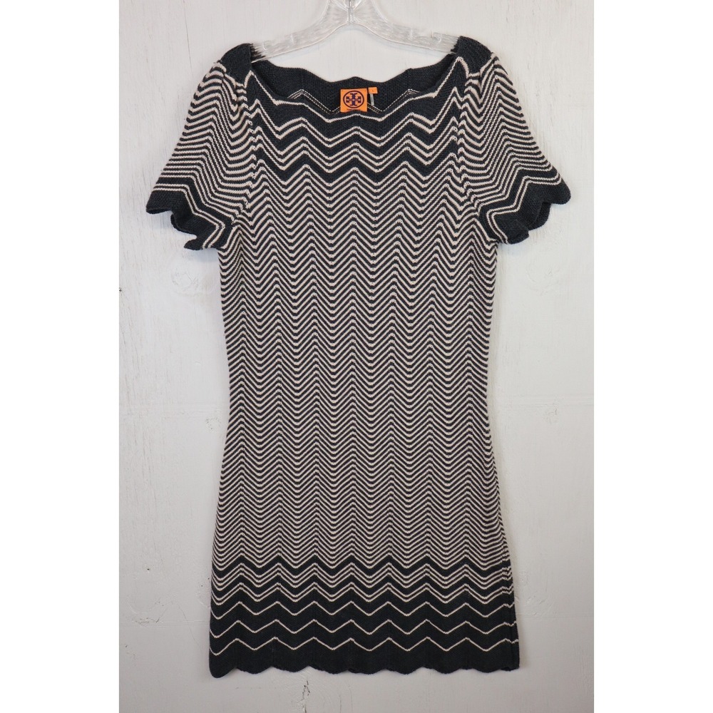 Tory Burch Kent Sweater Dress Chevron Knit Merino Wool Womens Size L Gray